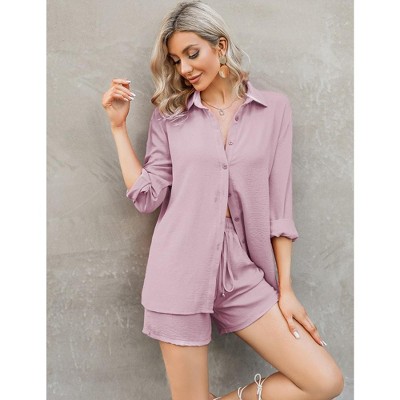 Women's  2 Piece sets  Button Down Shirt Long Sleeve Short Drawstring  Outfits