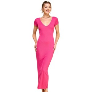Slickblue Women’s Maxi Dress, Double V-Neck Ribbed Style, Side Slit, Short Sleeve, Gray/Rose, Size S–L - 1 of 4
