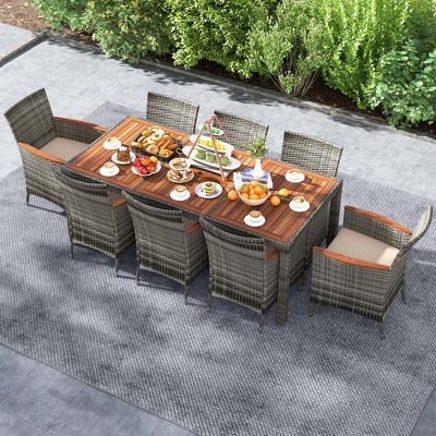 Mix Gray 9-Piece Outdoor Wicker Dining Set with Acacia Wood Table and Beige Cushions