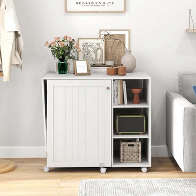 White Folding Sewing Table with Storage Shelves and Lockable Casters