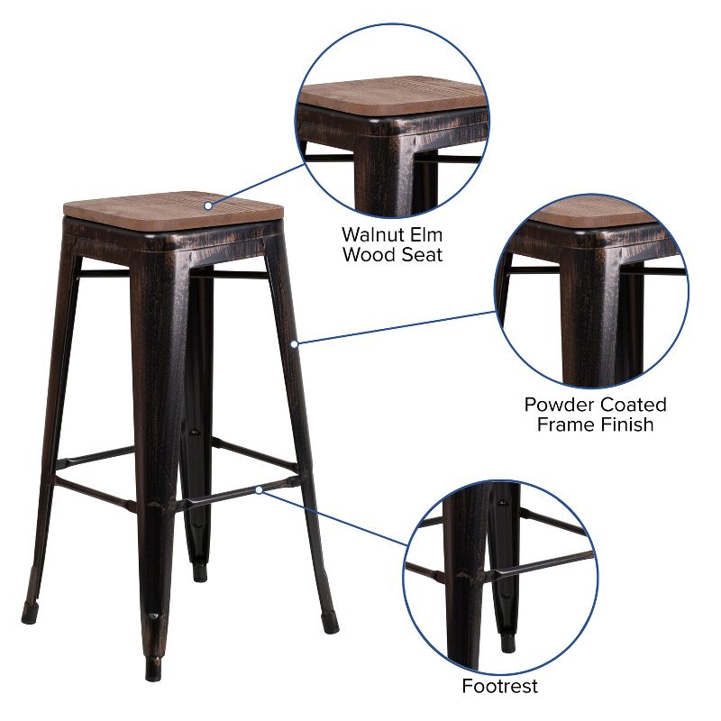 Emma and Oliver 30"H Backless Black-Antique Gold Metal Barstool with Wood Seat, 5 of 14