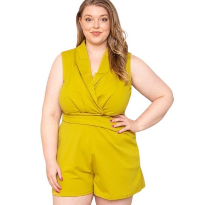 Slickblue Plus Size Sleeveless Collared Romper with Deep V-Neck and Zipper Back, Tea Leaf/Black, 1XL-3XL