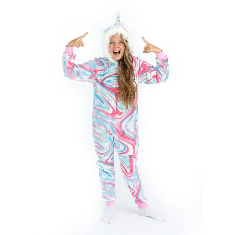 Sleep On It Girls Clouds & Rainbows Zip-Up Hooded Sleeper Pajama with Built Up 3D Character Hood, 5 of 9