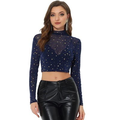 Women See-through Mesh Crop Top Mock Neck Long Sleeve T-shirt