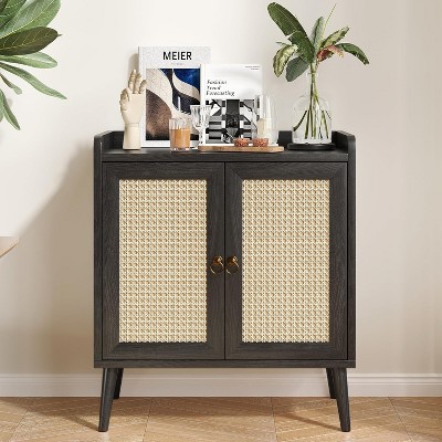 Lirago intage Rattan Door Sideboard Buffet Cabinet 2-Tier Large Storage Solid Wood Legs Bar Cabinet for Kitchen Dining Room Living Room Hallway Black