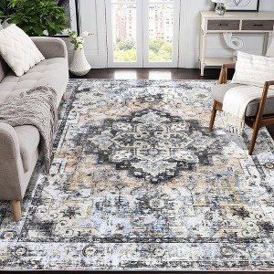 Washable Boho Area Rugs for Living Room Bedroom Vintage Persian Medallion Rug Non Slip Low Pile Carpet, 9'x12' Light Orange - 1 of 4