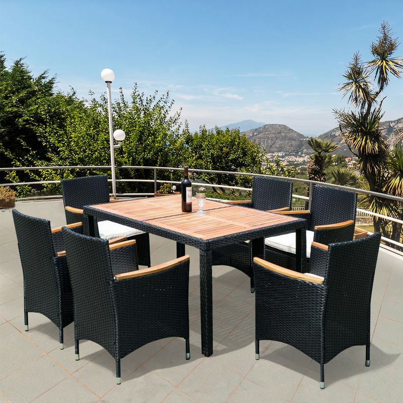 7-Piece Patio Wicker Dining Set, Outdoor Furniture with Acacia Wood Top Table, Black 4M - ModernLuxe, 1 of 9
