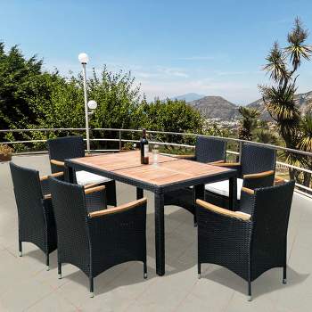 7-Piece Patio Wicker Dining Set, Outdoor Furniture with Acacia Wood Top Table, Black 4M - ModernLuxe