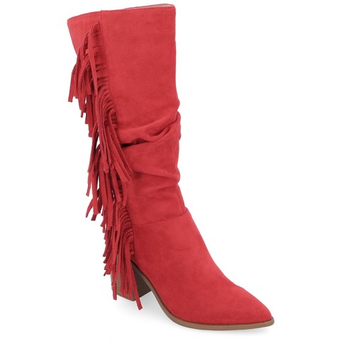 Red wide store calf boots