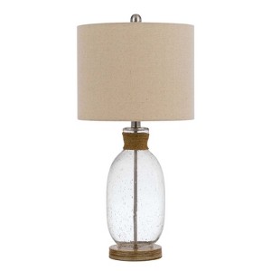 Cal Lighting 150W 3 way Seymour bubbled glass table lamp with resin base and hardback drum linen shade - 1 of 3