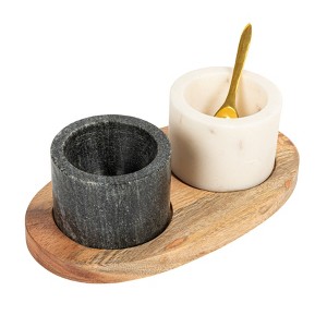 Storied Home Round Marble Bowls on Mango Wood Tray with Brass Salt Spoon, White and Black, Set of 2 - 1 of 4