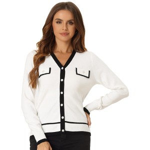 Allegra K Women's Contrast Color V Neck Long Sleeve Button Knit Cardigan Sweater - 1 of 4