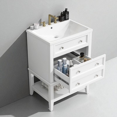 24" Bathroom Vanity with Sink, Drawer and Open Shelf, Ceramic Basin, Freestanding Vanity, Bathroom Storage Cabinet