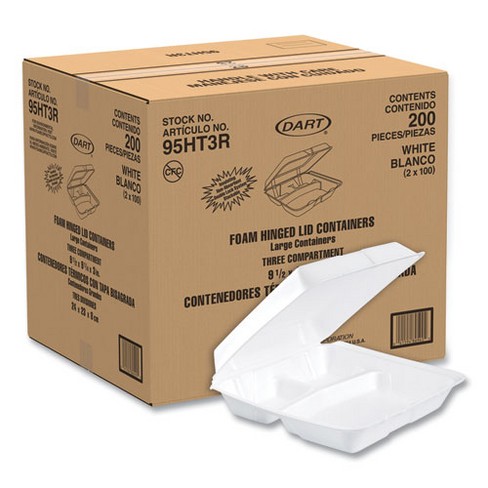 Dart Foam Hinged Lid Containers, 3-Compartment, 9.25 x 9.5 x 3, White, 200/Carton - image 1 of 4