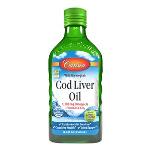 Carlson - Cod Liver Oil, 1100 mg Omega-3s + A & D3, Norwegian, Wild Caught, Sustainably Sourced, Green Apple, 250 mL (8.4 Fl Oz) - 1 of 4