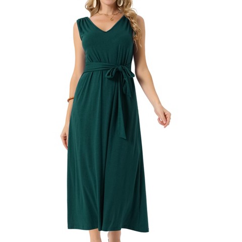 Женские платья INSPIRE CHIC Women's Sleeveless Tie-Waist Knit Beach Tank Casual Maxi Dress with Pockets Dark Green Medium