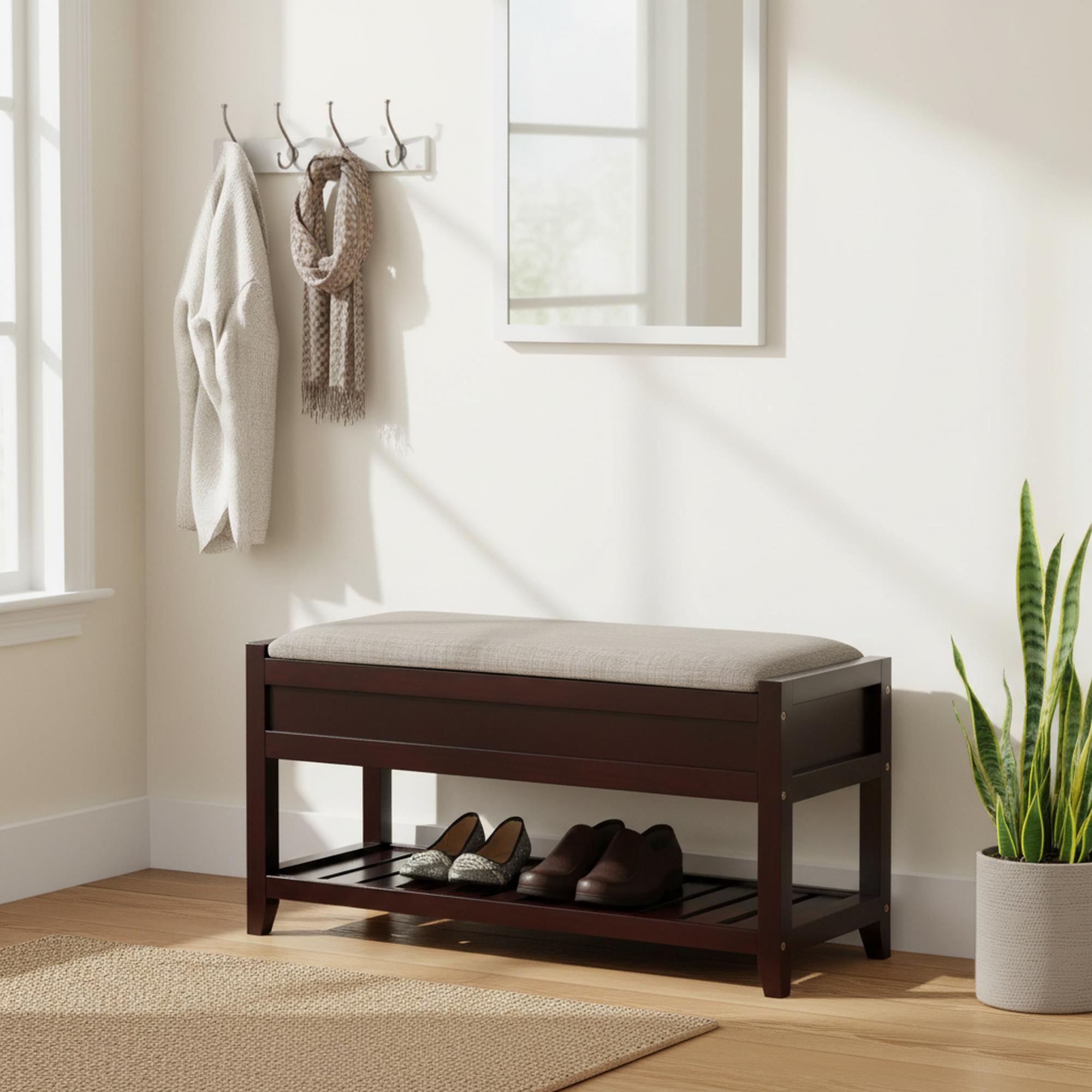 Homy Casa Wooden Storage Shoe Bench with Upholstered Seat for Entryway, Hallway, Espresso
