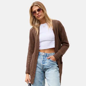 Women's Brown Open Front Long Sleeve Knit Cardigan - Cupshe - 1 of 4