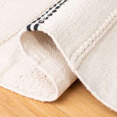 Ivory and Black 9' x 12' Wool Cotton Striped Kilim Rug