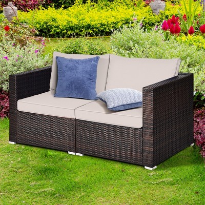 Beige Wicker and Metal Two-Seater Sectional Sofa