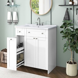 LOVMOR 30-Inch White Bathroom Vanity with Ceramic Sink Combo, Abundant Storage Cabinet - 2 Soft close Doors and Double-tier Deep Drawer - 1 of 2