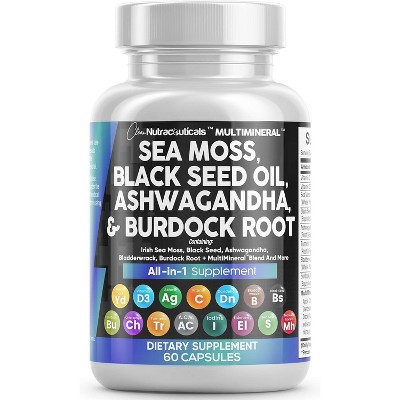 Clean Nutraceuticals Sea Moss, Black Seed Oil, Ashwagandha, Turmeric, Bladderwrack, Burdock & Vitamins C + D3 – 60 Capsules