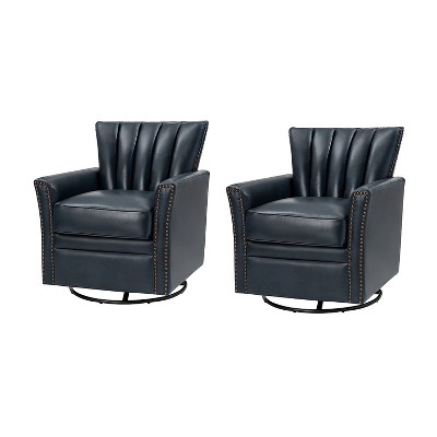 Set of 2 Eva Genuine Leather Swivel Rocker Armchair with Nailhead Trims for Living Room | ARTFUL LIVING DESIGN
