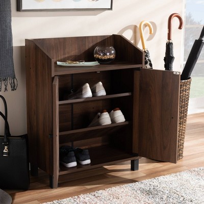 Walnut Brown 2-Door Wood Entryway Shoe Storage Cabinet with Open Shelf