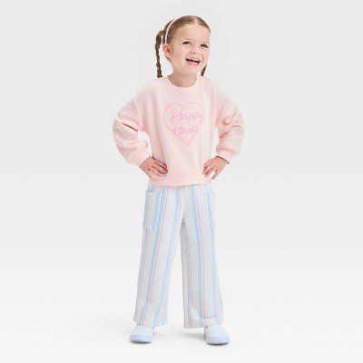 Toddler Girls' "Happy Heart" French Terry Valentine's Day Striped Pants Set - Cat & Jack™ Pink/Cream