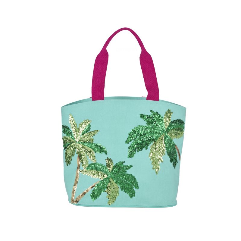 Mina Victory Sequin Palm Trees 22" x 15" x 6" Beach Bag with Matching Clutch Turquoise, 4 of 9