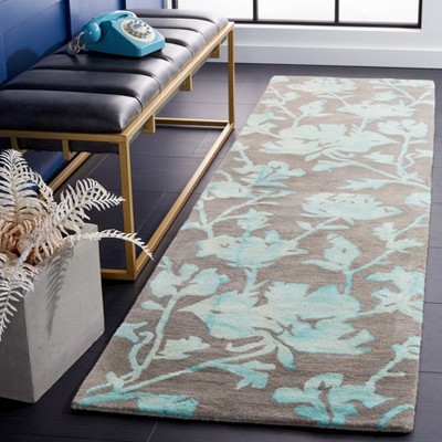 Gray and Turquoise Hand-Tufted Wool Floral Runner Rug