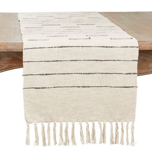 Saro Lifestyle Cotton Table Runner with Dash Line Design, 16"x72", Off-White - image 1 of 3