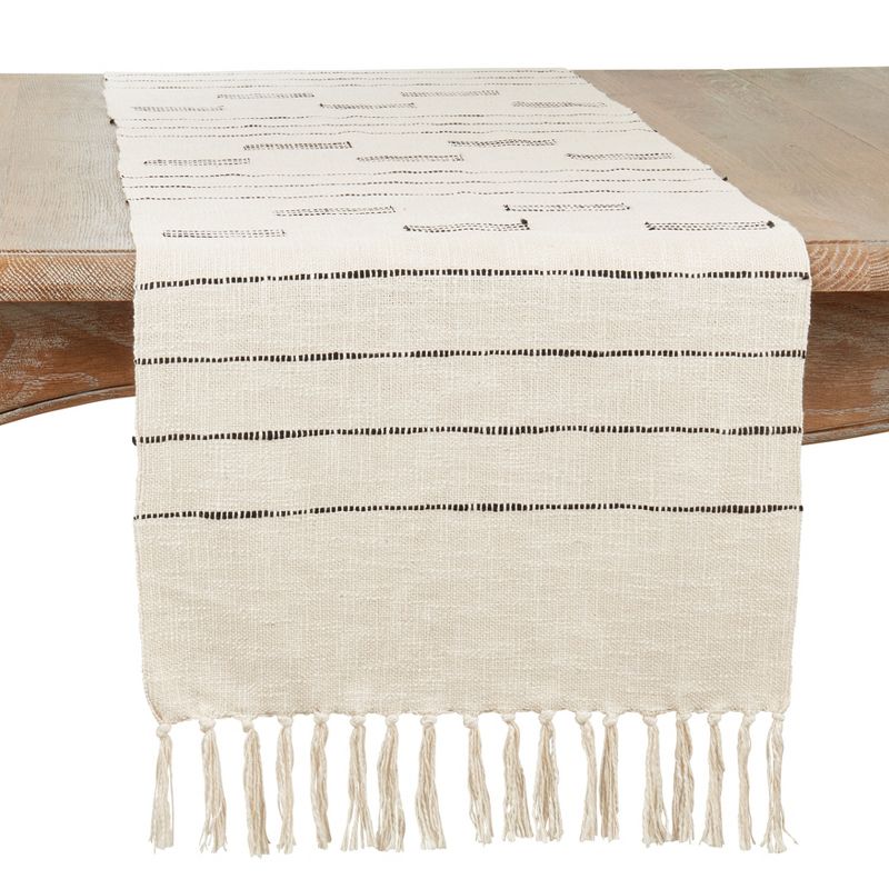 Saro Lifestyle Cotton Table Runner with Dash Line Design, 16"x72", Off-White, 1 of 4