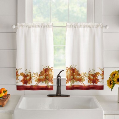 White Cotton Polyester Autumn Pumpkin Grove Kitchen Tier Curtains
