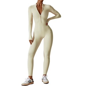Ecupper Womens One Piece Workout Jumpsuits Zip Up Bodysuit Long Sleeve Yoga Rompers Full Length Sports Gym Shapewear - 1 of 4