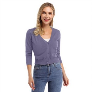 Clearlove Women's Cropped Bolero Cardigan – 3/4 Sleeve V-Neck Basic Classic Casual Button Down Knit Soft Sweater Top - 1 of 4