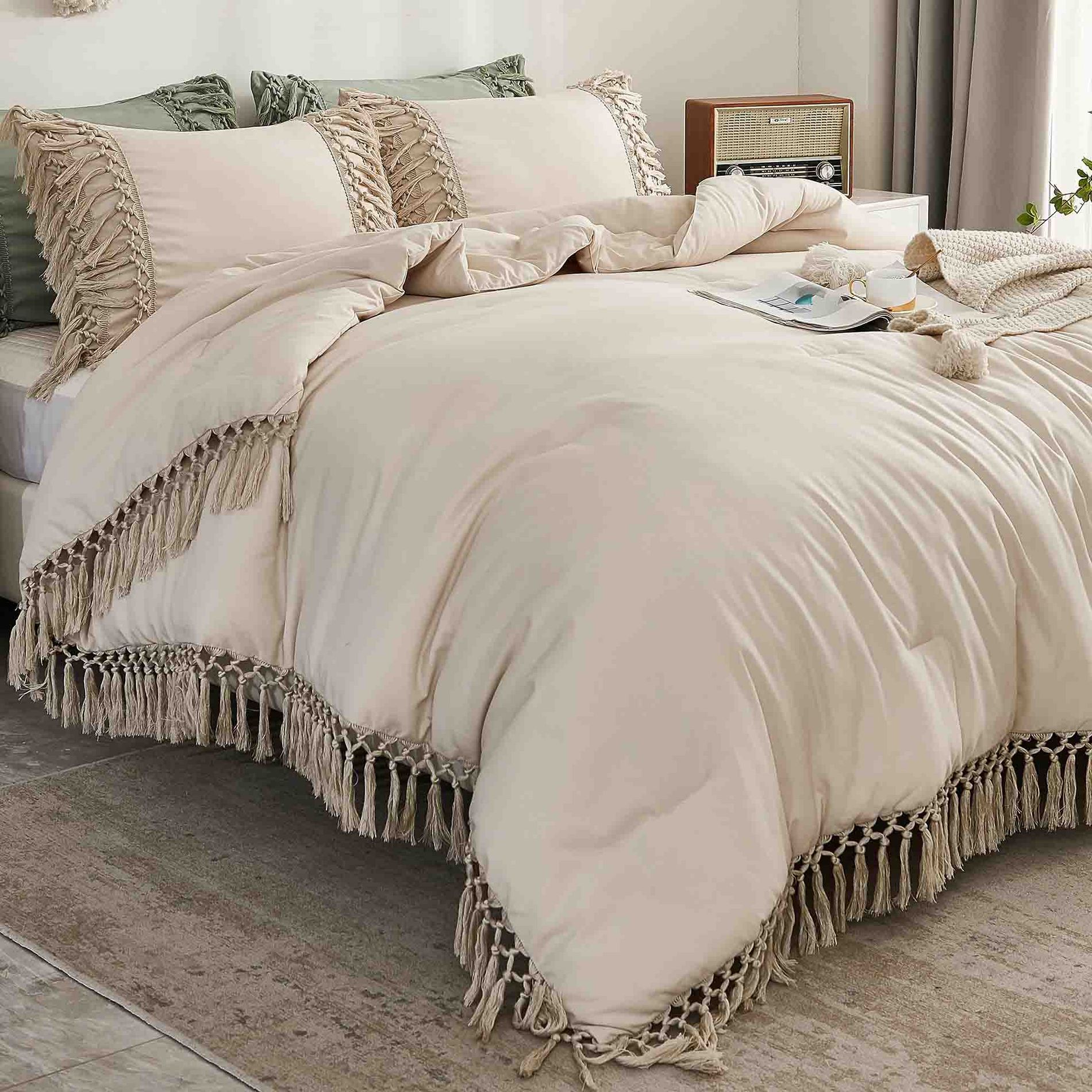 BAGOKIE 3 Pieces Boho Tassel Bed in a Bag Comforter Set