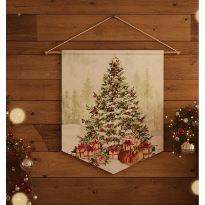 Holly and Pine 16"x20" Pennant – Christmas Tree with Poinsettias by Manual Woodworkers & Weavers