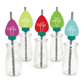 Big Dot of Happiness Christmas Light Bulbs - Paper Straw Decor - Holiday Party Striped Decorative Straws - Set of 24
