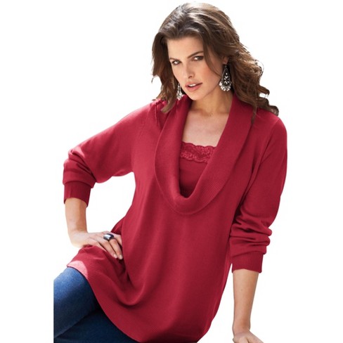 Roaman's Women's Plus Size Lace-trim Cowl Neck Sweater - 1x, Red : Target