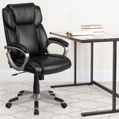 Executive Mid-Back Black LeatherSoft Swivel Office Chair with Padded Arms