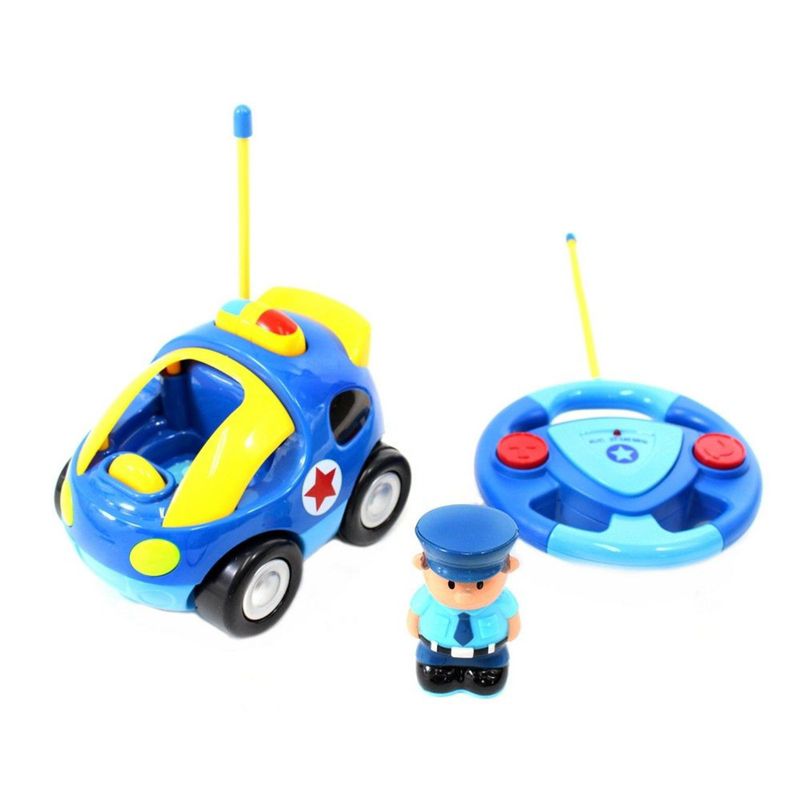 Insten Remote Control Cartoon Police Car with Music, Lights & Action Figure, RC Toys for Kids, 4" Blue, 1 of 6