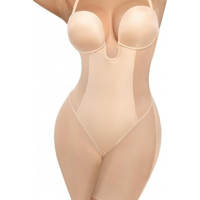 SHAPELLX Strapless Shapewear for Women Tummy Control U Plunge Backless Bodysuit Mid Thigh Full Body Shaper—Beige 38