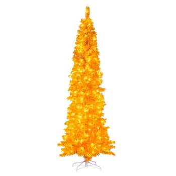 Vickerman 7.5' x 35" Flocked Yellow Artificial Pre-Lit Christmas Tree with LED Lights and Tree Stand