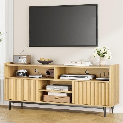 Fluted TV Stand for 75 Inch, Entertainment Center with Sliding Doors, Wood Media Cabinet Furniture with Adjustable Shelves for Living Room Bedroom