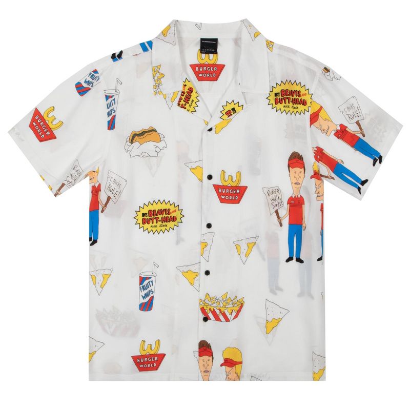 Beavis & Butt-Head Burger World Short Sleeve White Button-Down Shirt, 1 of 6