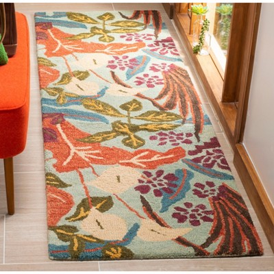 Handmade Blue Floral Wool Rug, 30" x 12"