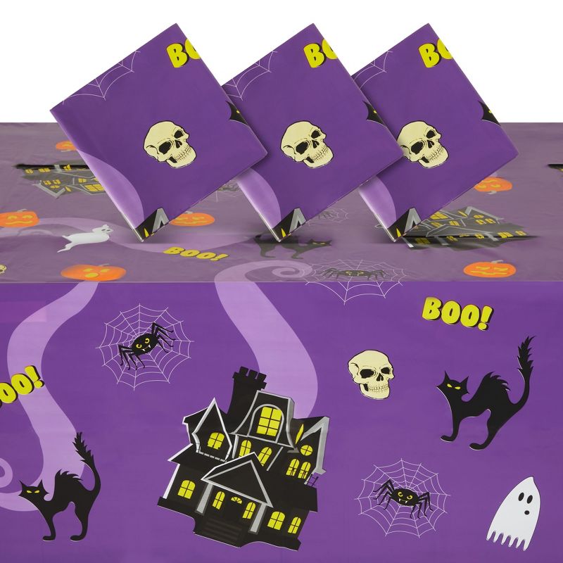 Juvale 3 Pack Halloween Tablecloth for Party Decoration, Washable Plastic Table Cover for Decor , Purple, 54 x 108 In, 1 of 7
