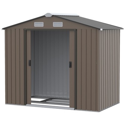 Brown Metal Outdoor Storage Shed with Windows and Sliding Doors