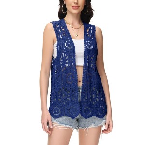 Anna-Kaci Women's Floral Crochet Cardigan Lace Trim Sleeveless Open Front Vest - 1 of 4